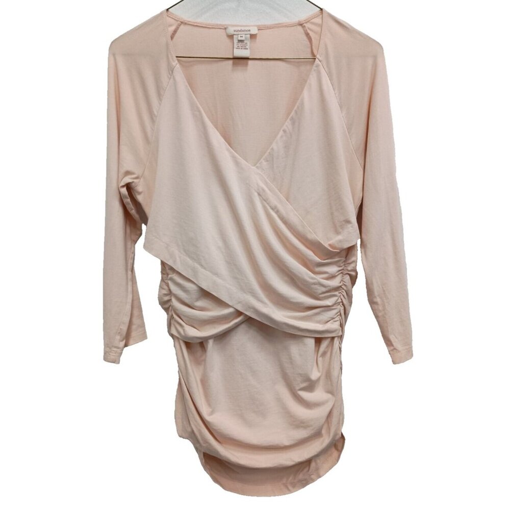 Sundance Faux Wrap Top Womens Medium Peach Ruched 3/4 Sleeve Coquette Casual